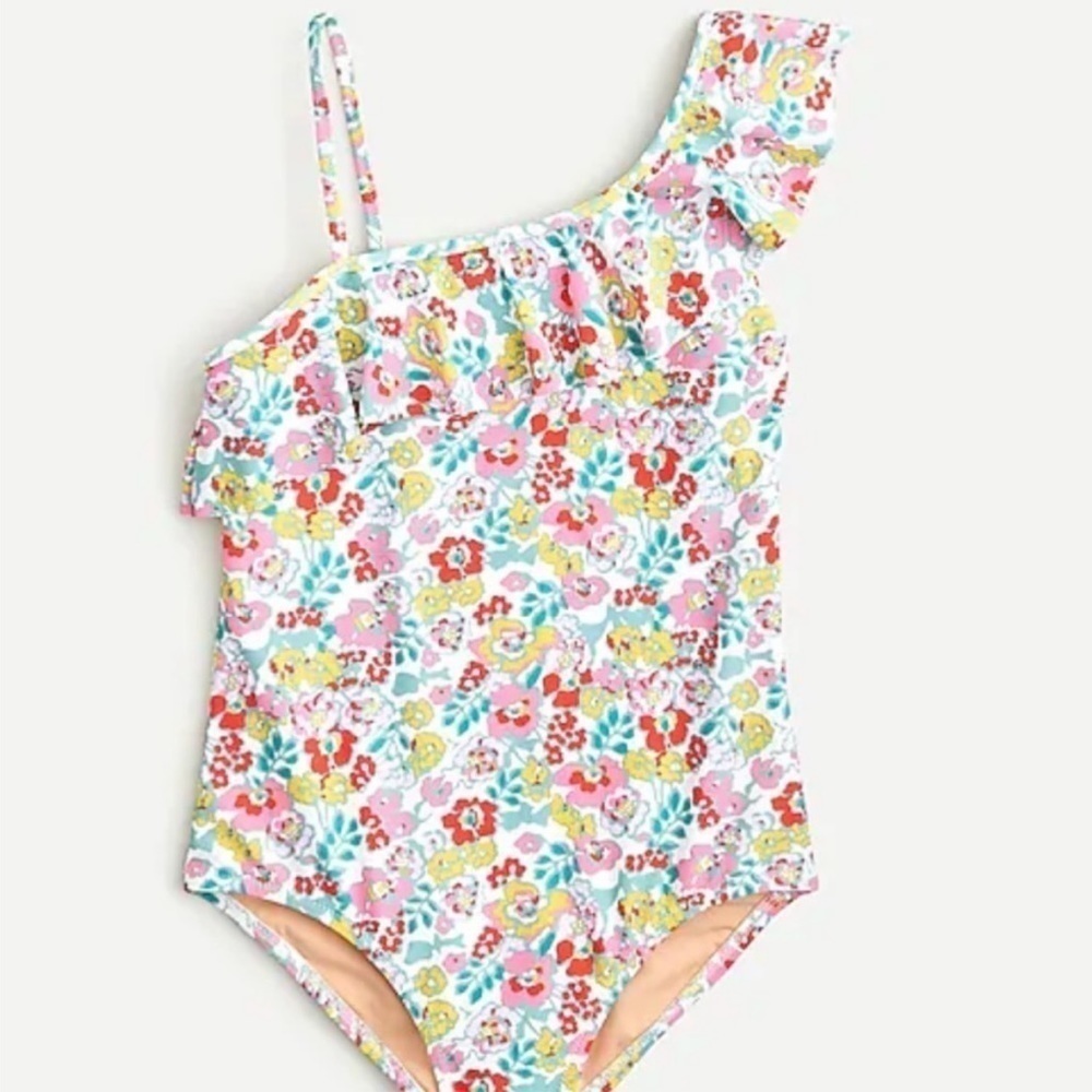 Crewcuts One-Shoulder Floral One-Piece Swimsuit - Pink, Yellow, Teal, Red